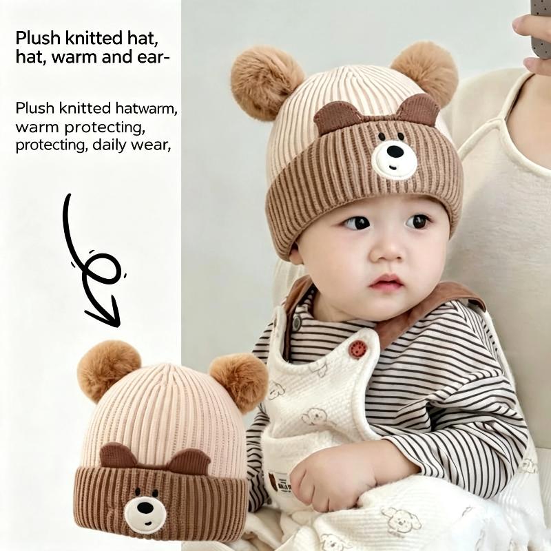 Cute Bear Knitted Baby Hat Warm Ear Protection Soft Pom Poms For Autumn Winter Daily Wear