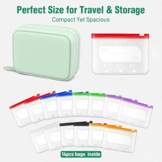 Pill Organizer with 14PCS Clear Zipper Bags Inside Medicine Case Waterproof Portable Travel Storage Holder for Daily Supplements