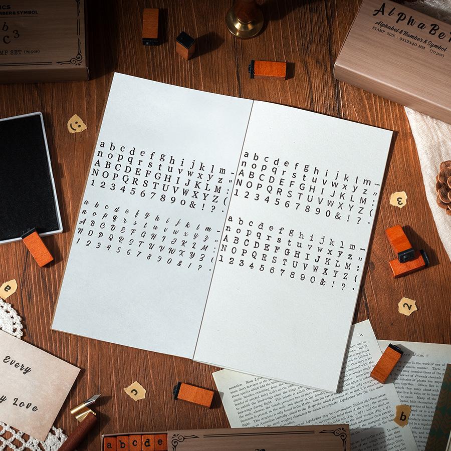 70 Pcs Symbols Retro Letters English Digital Hand Notes Seal Typewriter Series Decorative Printing Materials Wood Stamp Set