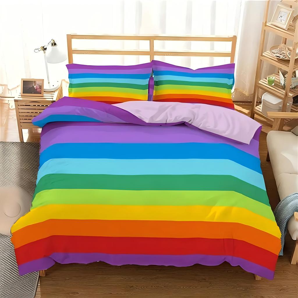 Varavīksnes svītras 3D apdrukāts gultas pārklājs, piemērots visām sezonām, ģeometrisks, mīksts gultas veļas pārvalks, spilvendrāna, luksusa mājas tekstils, segu pārvalku komplekti