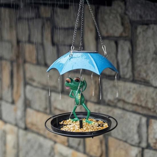 Solar Bird Feeder LED Light Outdoor Bird Feeder Frog or Dwarf Holding Umbrella Bird Feeder for Garden Backyard Decoration