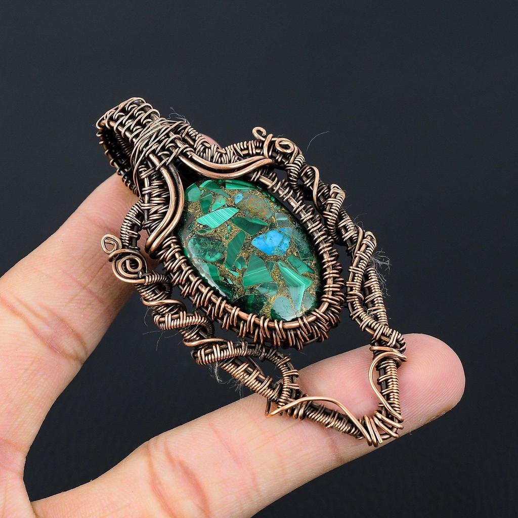 Copper Malachite Gemstone Handmade Copper Wire Wrap Jewelry Pendant For Wedding Gift