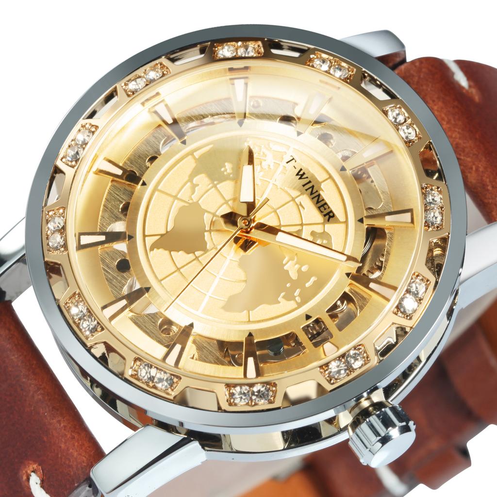 WINNER Classic Iced Out Skeleton Mechanical Watches Luminous Hands Luxury Gold Watch for Men Vintage Brown Leather Strap Clock