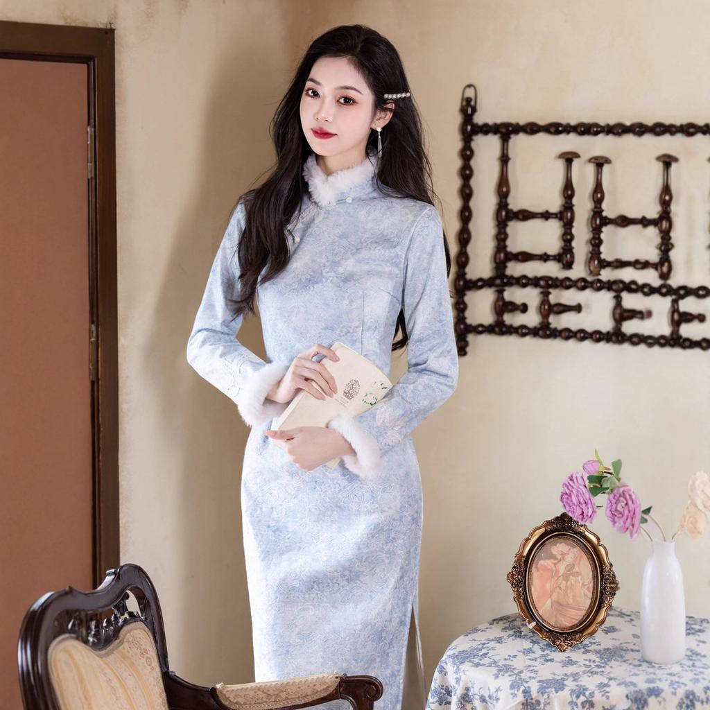 New cheongsam 1011 autumn and winter Chinese style elegant temperament long colorful silk jacquard slim dress daily
