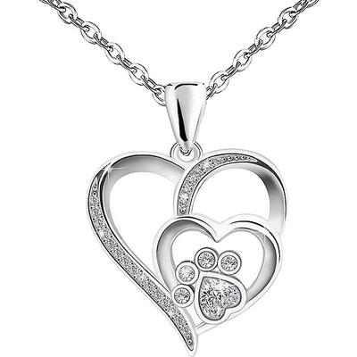Huitan Sweet Paw Print Shaped Women Pendant Necklace Double Heart Elegant Accessories Inlaid Shiny CZ for Wedding Daily Jewelry
