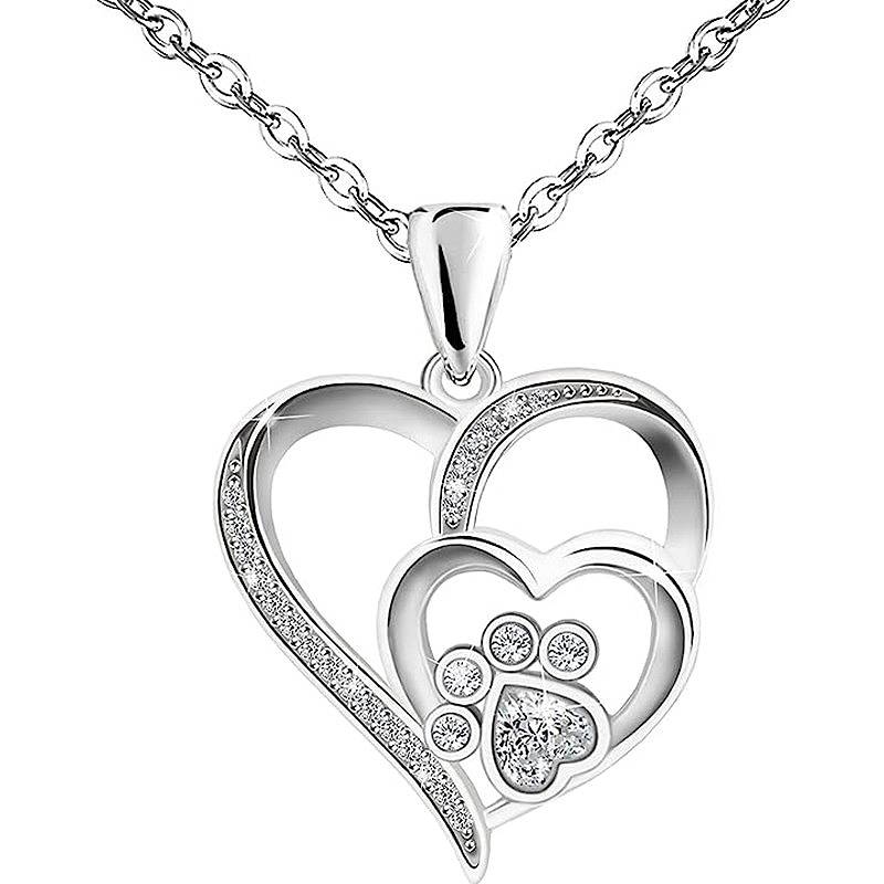 

Huitan Sweet Paw Print Shaped Women Pendant Necklace Double Heart Elegant Accessories Inlaid Shiny CZ for Wedding Daily Jewelry