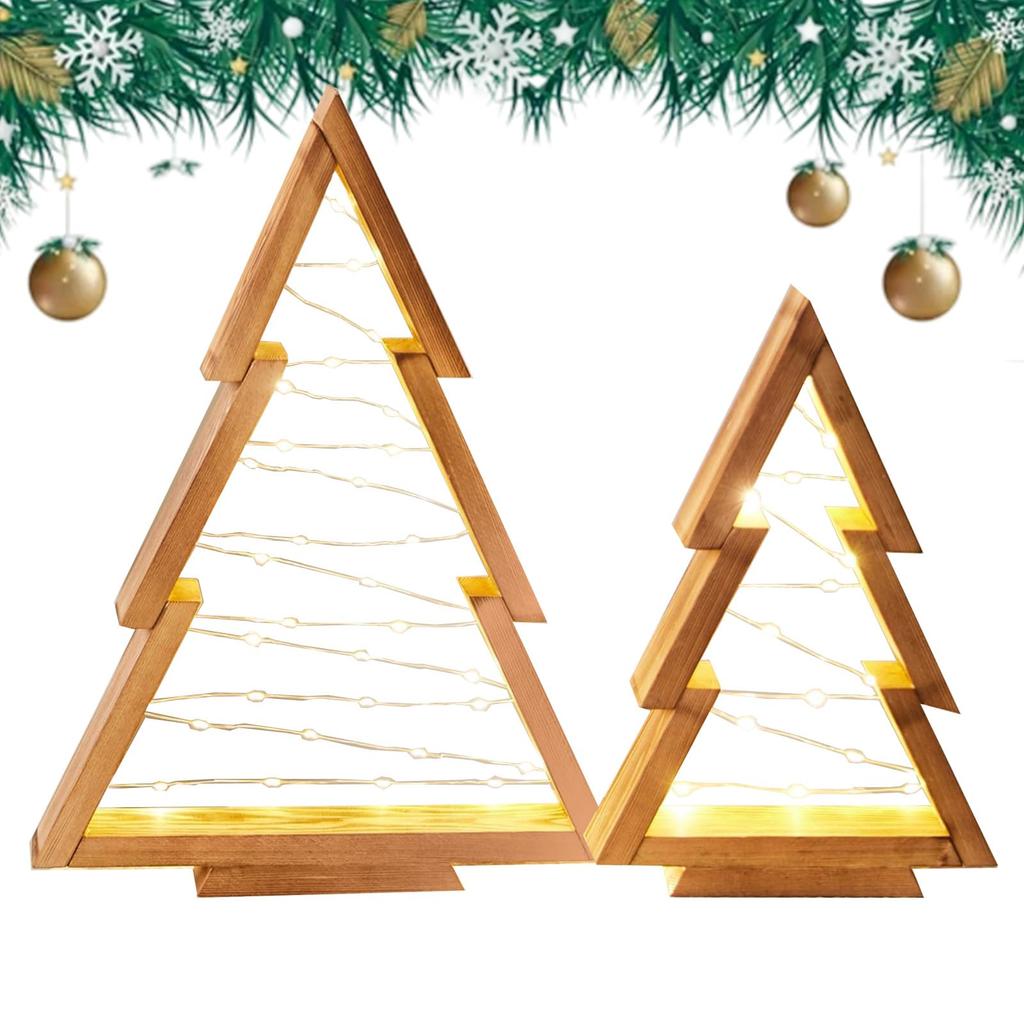 A Set Of Christmas Table Decorations, Two Sizes Of Wooden Christmas Tree Lights, Christmas Holiday Decoration Interior