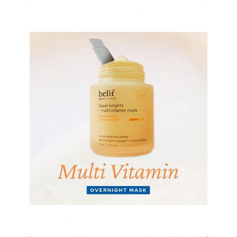 Belif Super Knights Mascarilla Multivitamínica 75ml, Mascarilla de Noche Hidratante y Rejuvenecedora con Complejo Multivitamínico para Rellenar la Piel Apagada y Refinar