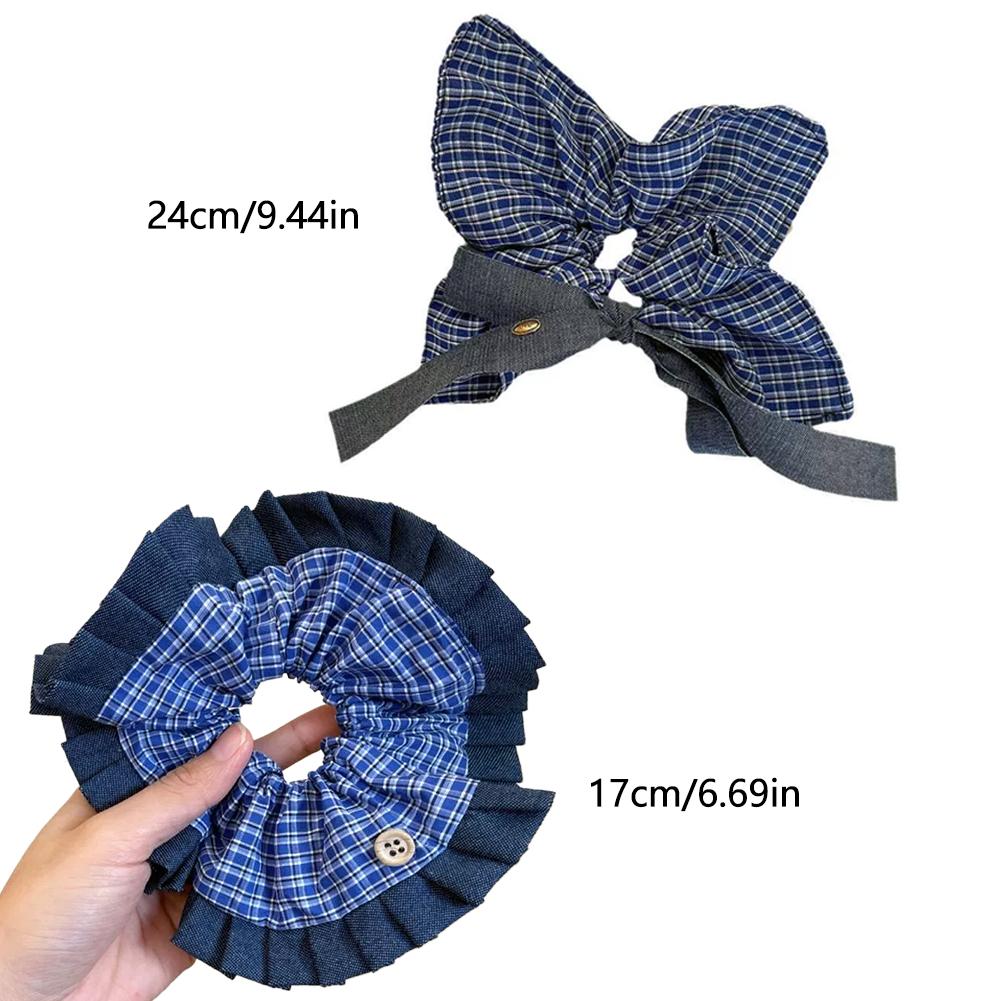 Korean Bow Denim Blue Plaid Square Scarf Large Intestine Headband Hair Square Female Band Hair H0K6