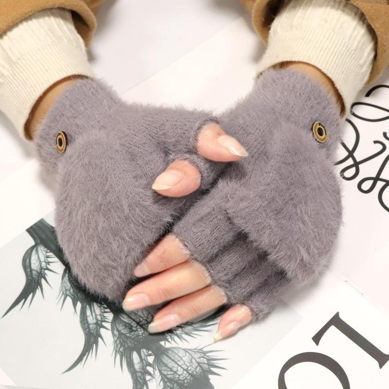 Women's winter warm plush gloves student finger-exposed flip gloves outdoor gloves thickened and cold-proof