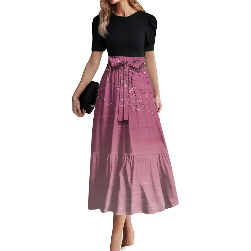 Women's Fashion Casual Belt Short Sleeve Print Round Neck Stitching Elegant Temperament Dress