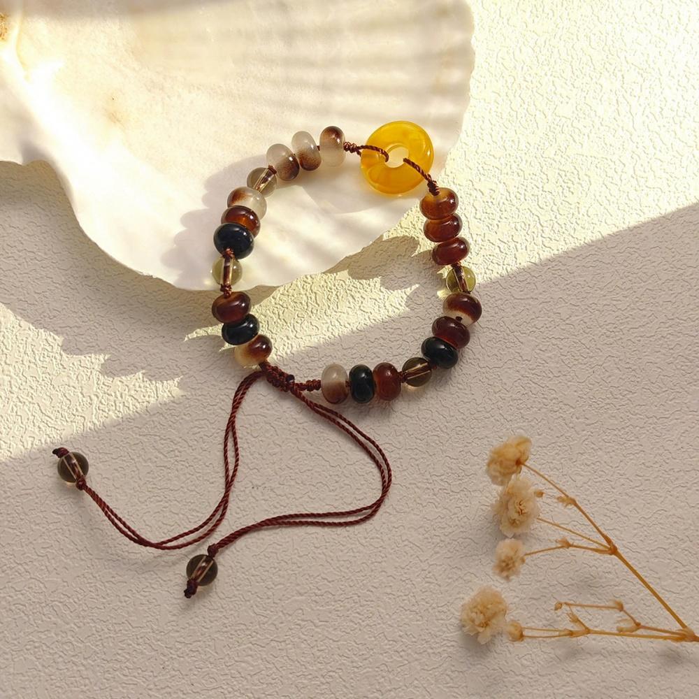 New Chinese Ancient Amber Color Bracelet for Women Ethnic Woven Handmade Rope Chain Beaded Retro Bracelets Gift