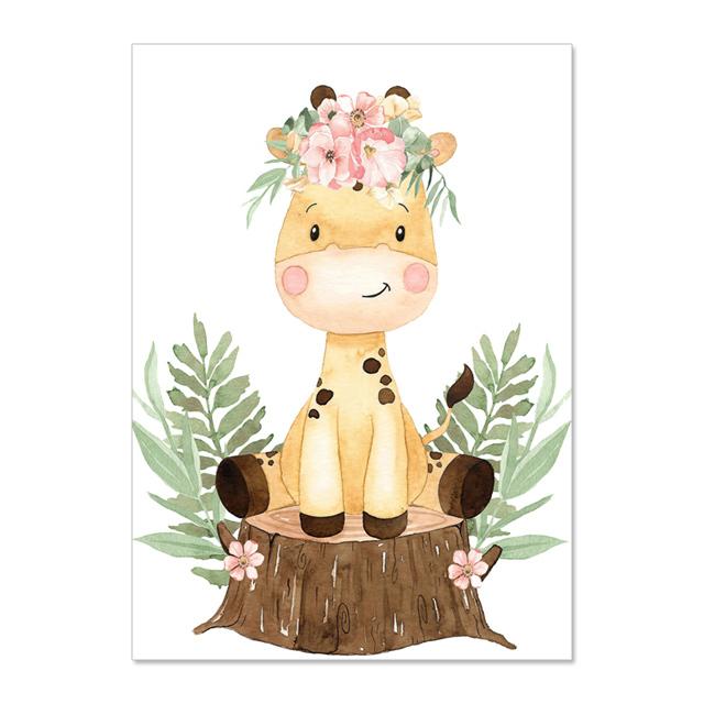 Cartoon Wearing Flowers Animal Leaves Nursery Wall Art Canvas Painting Posters And Prints Wall Pictures Baby Kids Room Décor No Frame