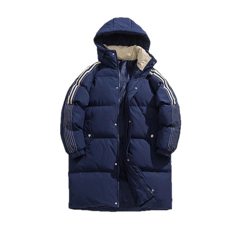 Gestreifte mittellange und lange Baumwolljacken für Damen, Winter, verdickte Baumwolljacken für Paare, mit Kapuze, neue Thermo-Baumwolljacken