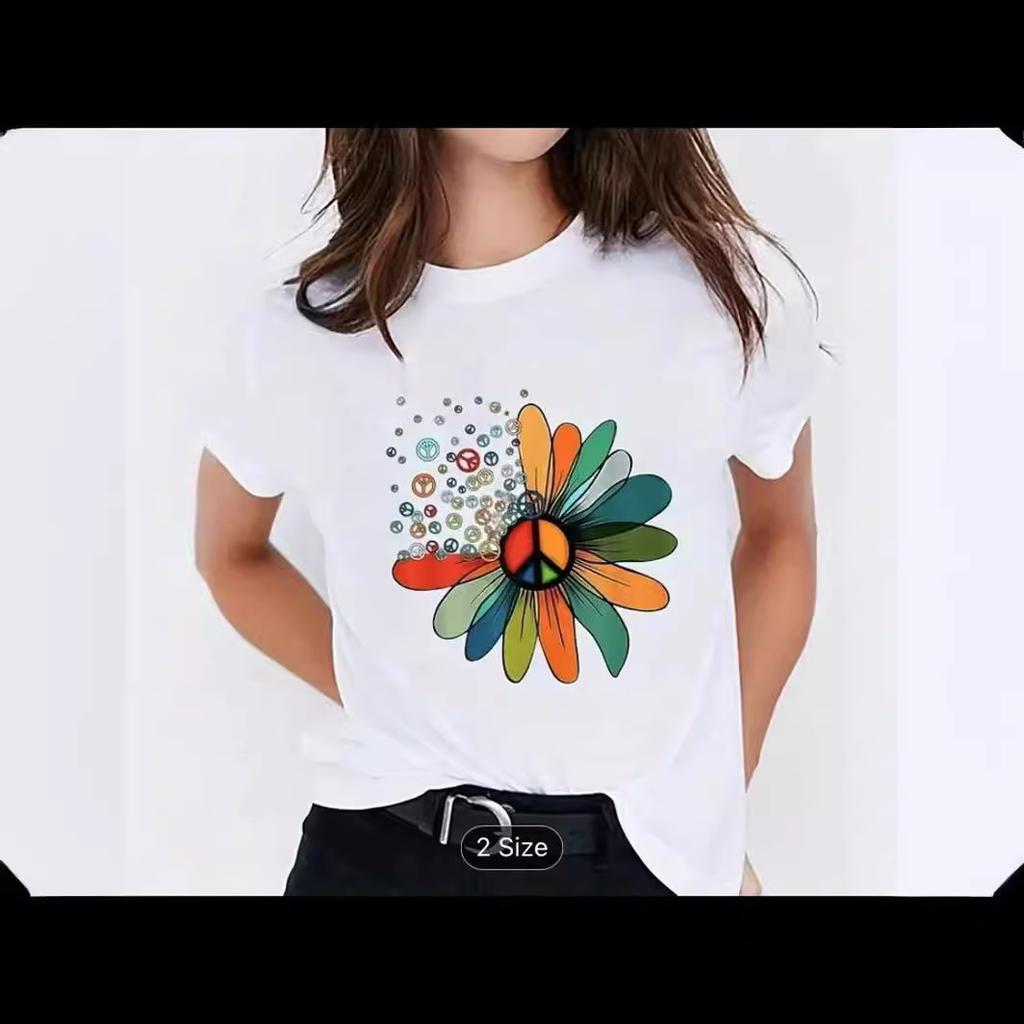 Maglietta estiva girocollo stampata, alla moda, casual, carina, a maniche corte, da donna, in puro cotone