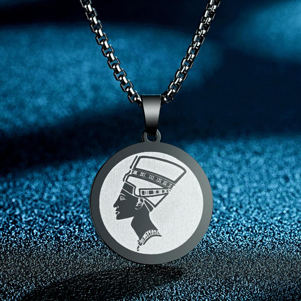 Kinitial Nefertiti Necklace, Ancient Egypt Pendant, Engraved Nefertiti Charm, Queen of Egypt Pendant, Egyptian Necklace, чёрный