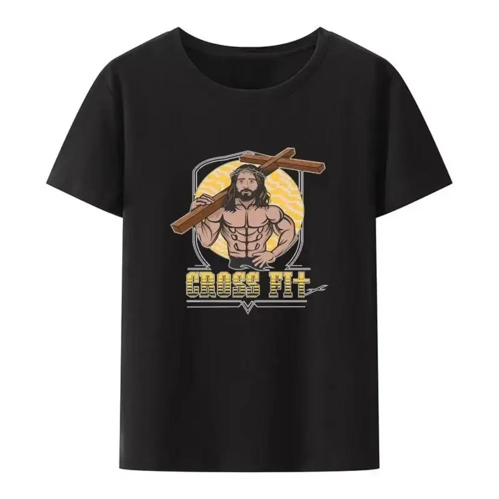 Jesus Cross Fit Graphic Print T Shirt Men Women Funny Gym Enthusiast Casual Short Sleeve Loose T Shirt Unisex Oversized Tees