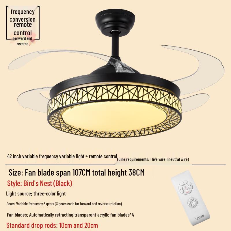 Smart Variable Frequency Ceiling Fan with Chandelier for Living Room, Bedroom, and Restaurant