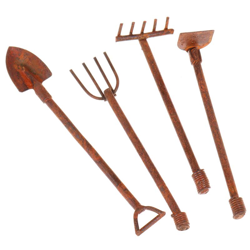 1:12 Dollhouse Miniature Gardening Tools Metal Shovels Pitchfork Furniture Set
