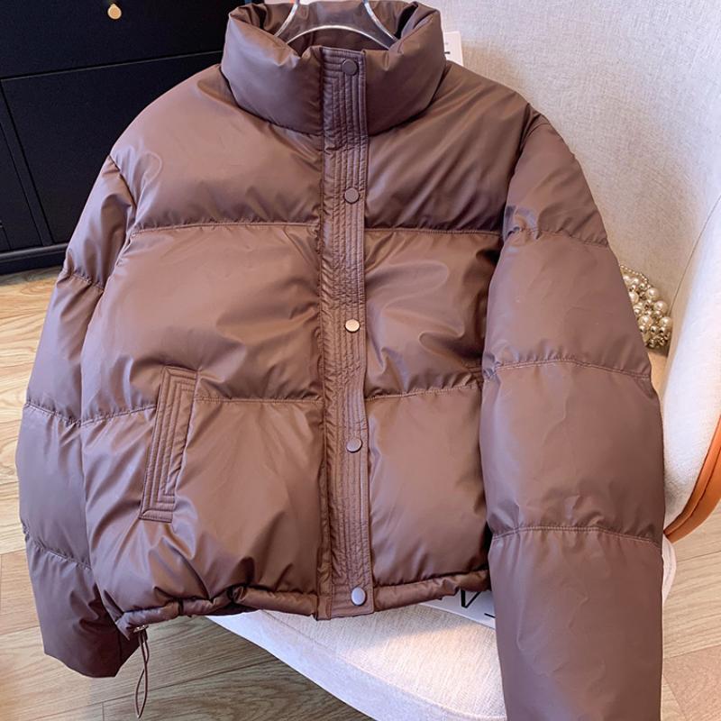 

Модная женская куртка-пуховик, новая короткая зимняя куртка из искусственной кожи, маленькая женская куртка с хлопковой подкладкой M коричневый