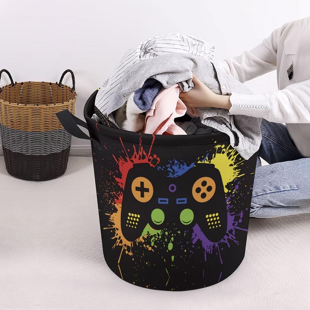 Colorful Game Controller Print Laundry Basket with Handles - Bathroom & Household Clothes Storage