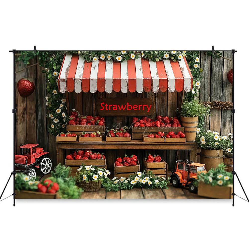 Rural Barn Door Strawberry Themed Birthday Party Background, Children's Birthday Party Decoration Photography Studio Background