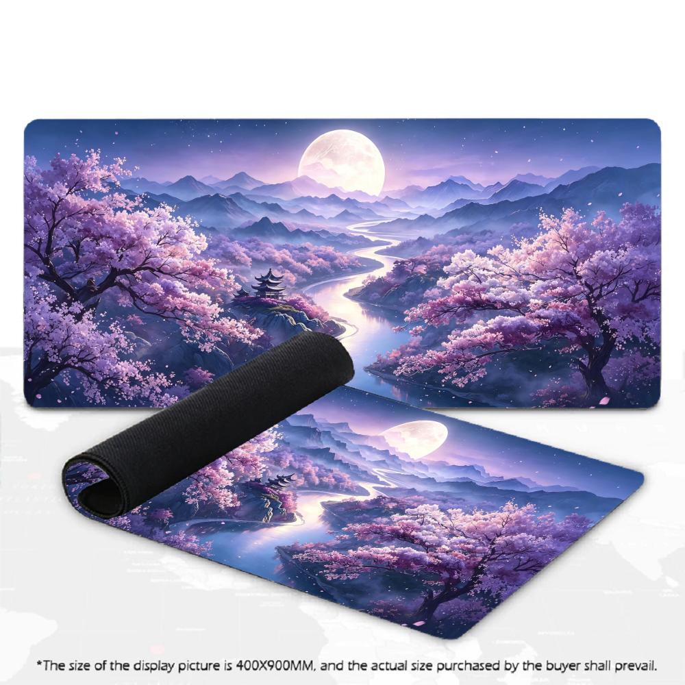 Tapis de Souris XXL Sakura Violet Pleine Lune Pagode Orientale Portail Torii Lac de Montagne Tapis de Jeu Antidérapant Pour Décoration de Bureau