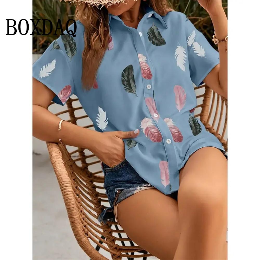 Elegant Women's Blouses Red Maple Leaf Short Sleeve Lapel Shirts Casual Vintage Button Summer Beach Simple Fashion 3D Print Tops