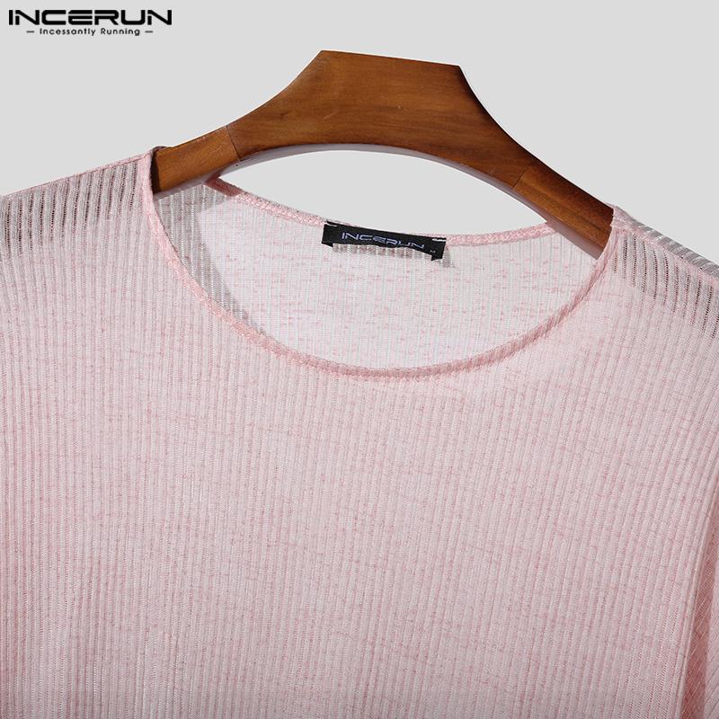 INCERUN Men Scoop Neck Long Sleeve Loose See Through Rib Undershirts Basics Tops