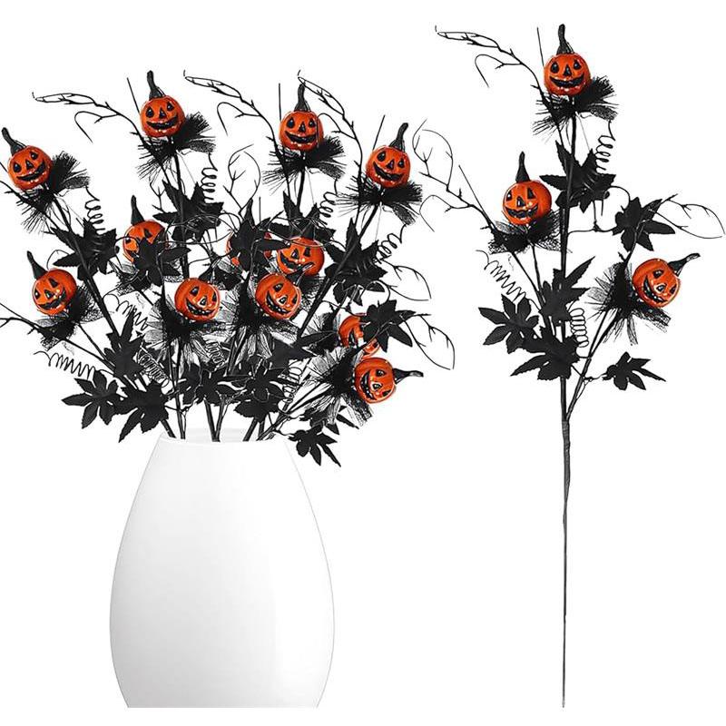 5PCS Artificial Halloween Flowers with Pumpkin Maple Leaf Branches Halloween Decorations Indoor for Office Home Mantel Vase Filler