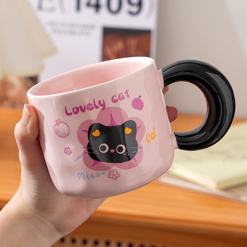 Girly Heart Kitten Mug Cute Milk Fufu Cartoon Household Water Cup with Cover for Birthday Gifts for Sisters and Friends