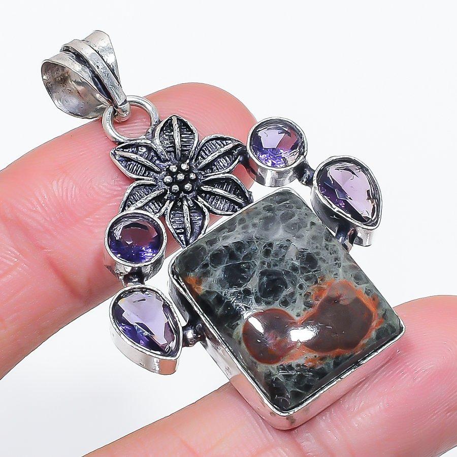 Natural Mud Crack Fossil, Amethyst 925 Sterling Silver Pendant 1.97" T8P10