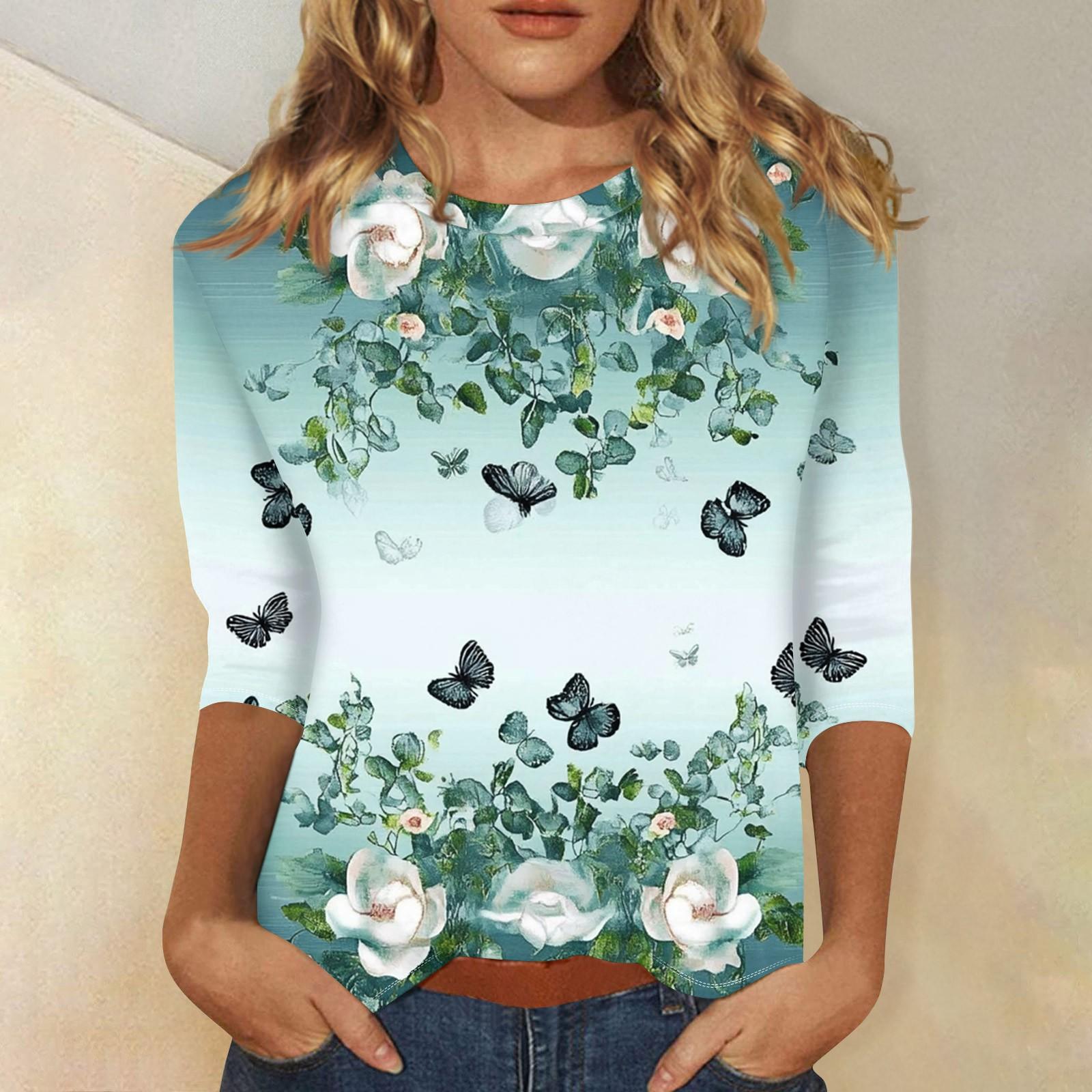 

Женская мода повседневный топ с рукавом три четверти с цветочным принтом и круглым вырезом XL небесно-голубой