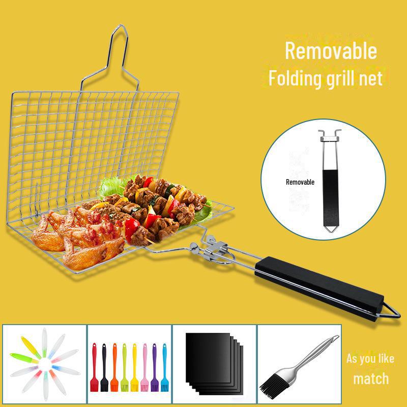 Skládací grilovací síť z nerezové oceli a košík na zeleninu a ryby