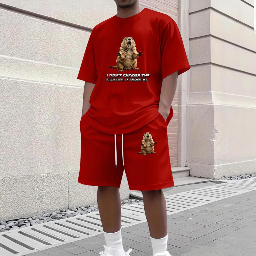 Men's Casual Two Piece Set Short Sleeve Crew Neck T Shirt and Shorts with Animal Print Loose Fit Summer Outfit Comfortable Daily Wear