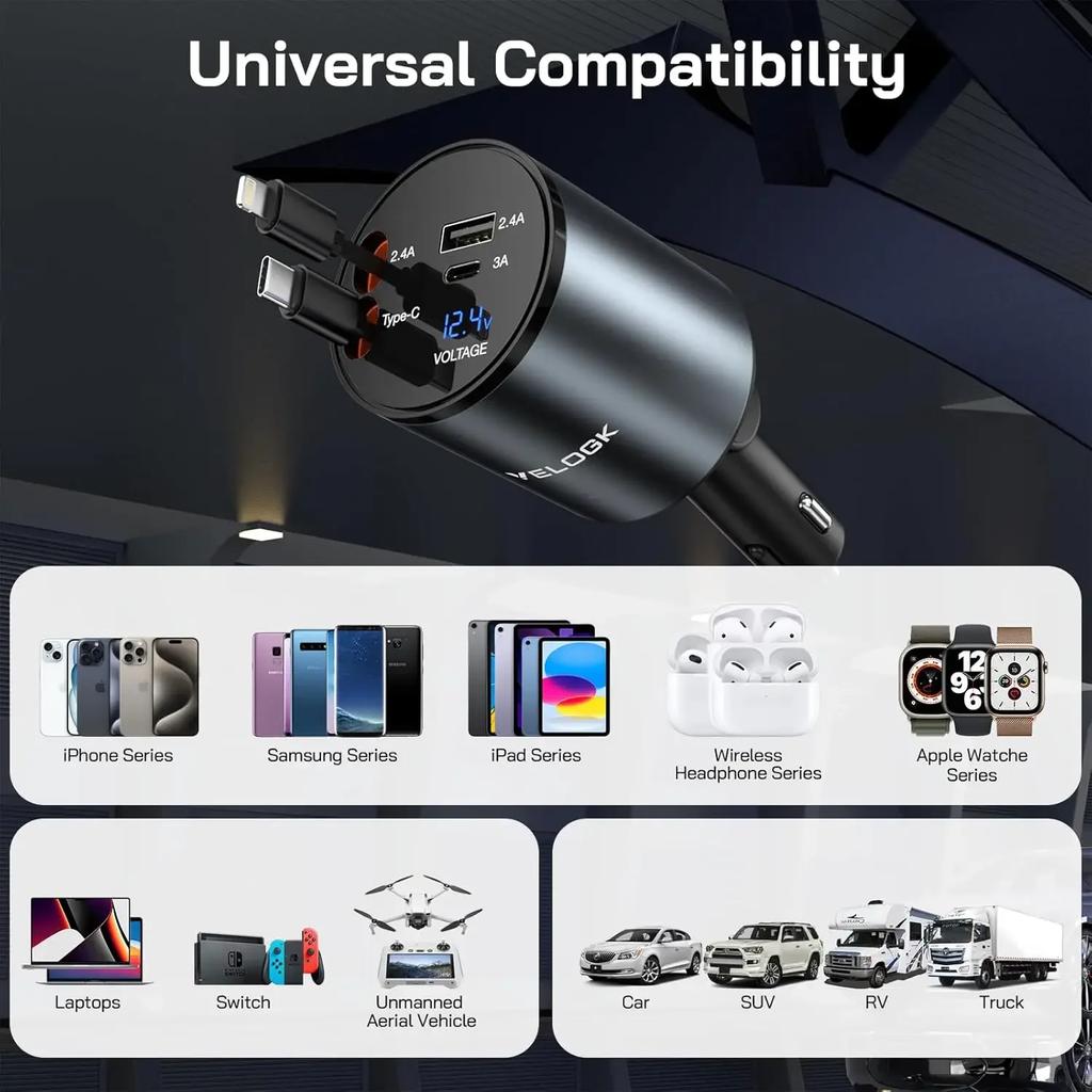 Four in One Metal Car Charger, Super Fast Charging, Telescopic Cable, Car Cigarette Lighter, PD300000 Bending Mini Car Charger
