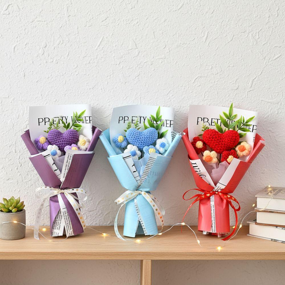 Knited Heart Artificial Flower Crochet Bouquet Valentine's Day Wedding Guest Gift Eternal Flowers Home Decoration