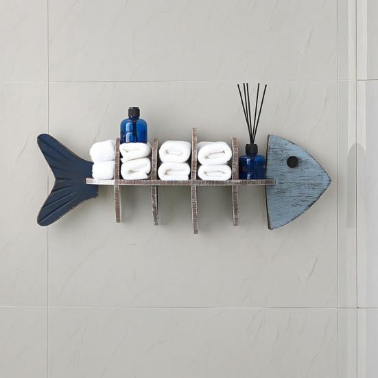 Nautical Wooden Fishbone Wall Decor Rustic Skeleton Fish Floating Shelf Coastal Wall Mounted Display