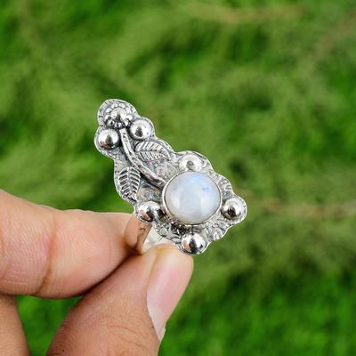 Sterling Silver Natural Rainbow Moonstone Promise Flower Statement Ring Jewelry