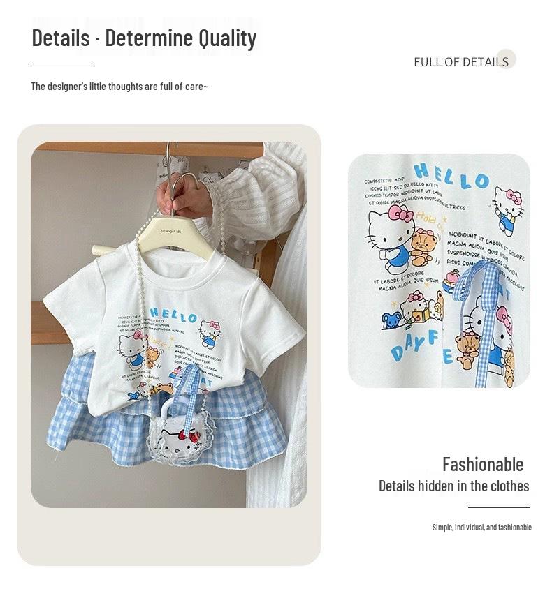 2025 Korean Style Girls' Trendy Plaid Two-Piece Set with Cartoon Short Sleeves