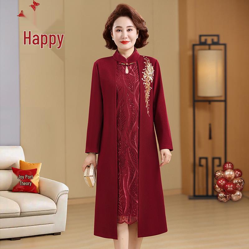 

Elegant Red Qipao Skirt Set for Mother-in-law - High-end Autumn/Winter Wedding Banquet Dress XXL (105-120 lbs) червоний