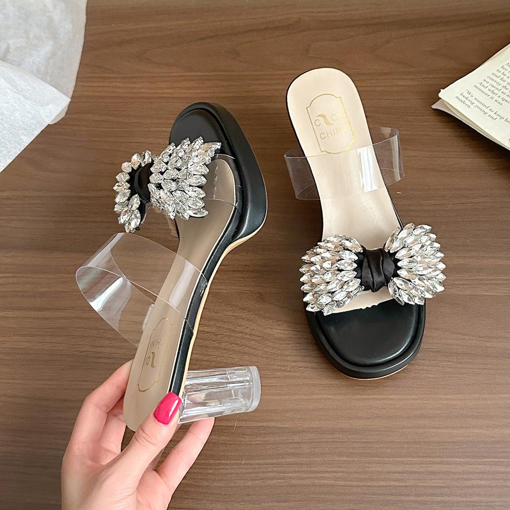 2025 summer new transparent square head bow high-heeled slippers women's rhinestone open-toed stiletto sandals with skirt