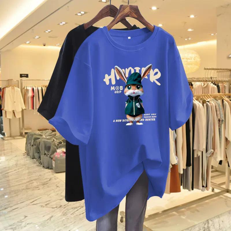 Women's Dark Green Rabbit Print Cotton T-Shirt, European Style, Mid-Length, Short-Sleeve, Spring/Summer 2024 Collection