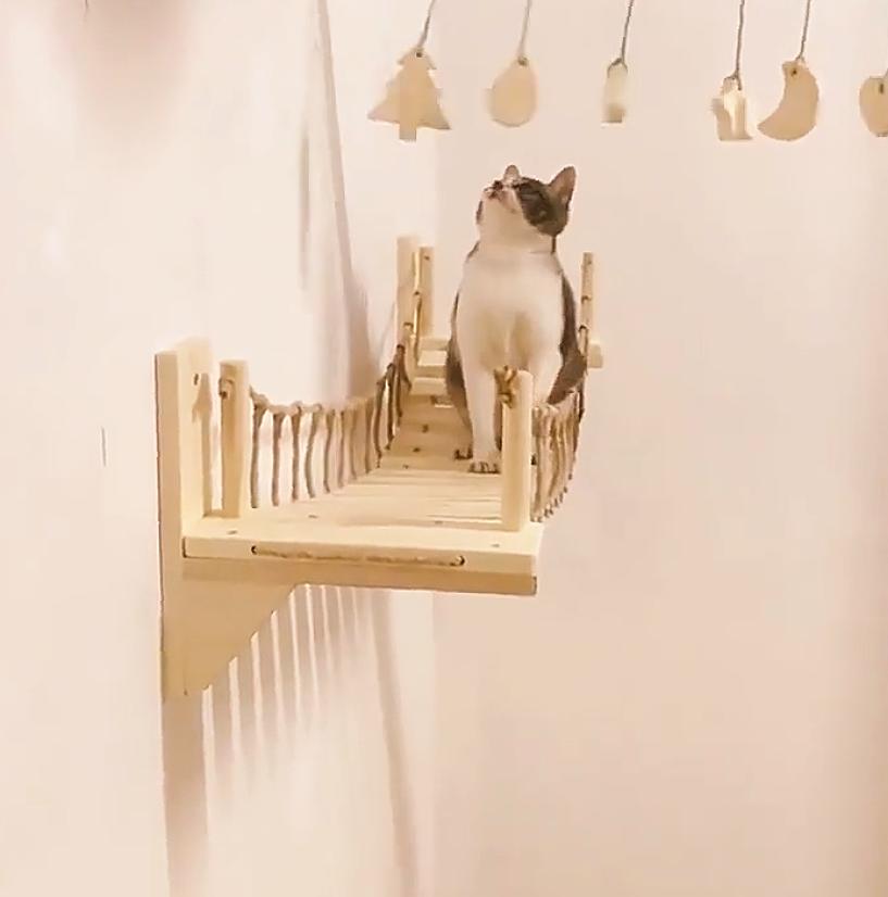 Solid Wood Cat Tree with Suspended Bridge Wall-Mounted Cat Tree Frame For Kittens Adult Cats and All Sizes