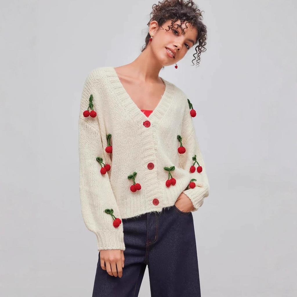 Autumn and Winter V-neck Sweater Versatile Cardigan Loose Trend Cherry Decoration Single-breasted Knitted Jacket Top Women
