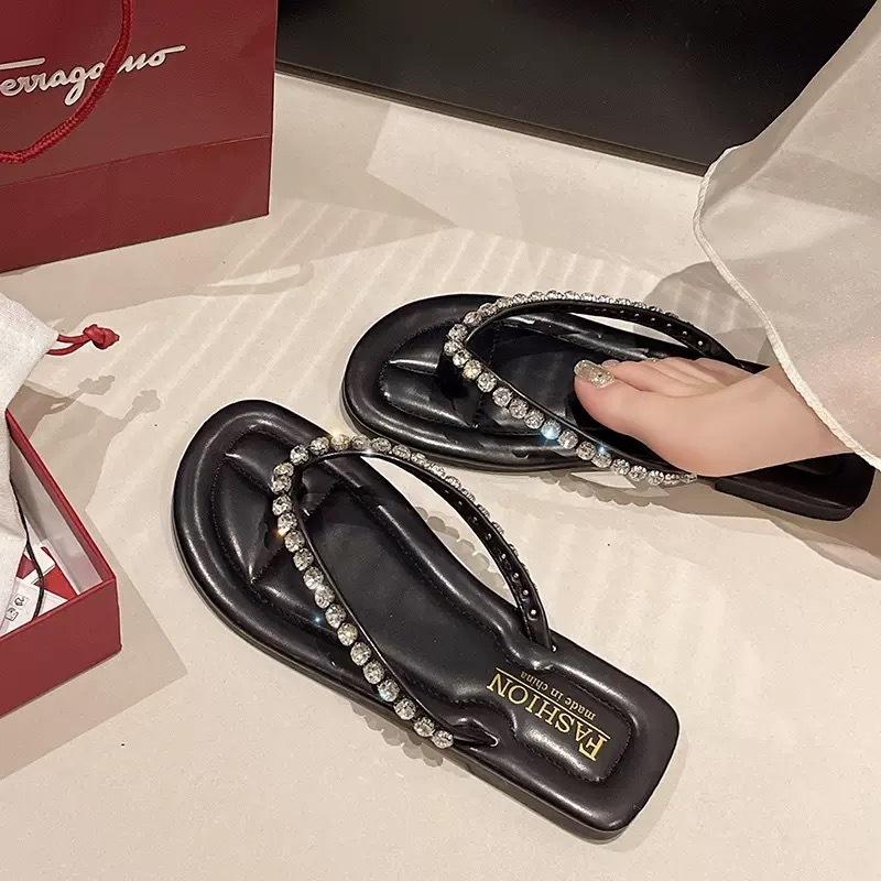 Flip-flops women s summer wear fashion rhinestone belt flat bottom foot flip-flops shoes women 36-37 чёрный