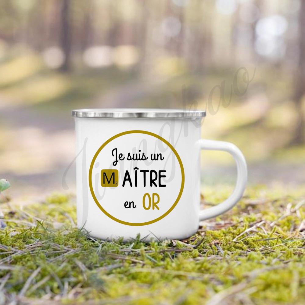 Super Maitre French Printed Mugs Creative Coffee Cups Drinks Water Enamel Camping Cup School Handle Drinkware Gifts for Teacher