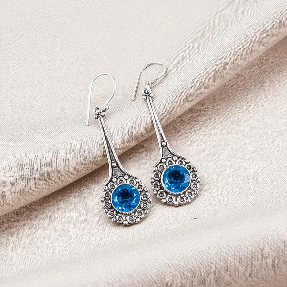 Swiss Blue Topaz Gemstone 925 Sterling Silver Jewelry Handcrafted Earrings 2.52" EE-77-8