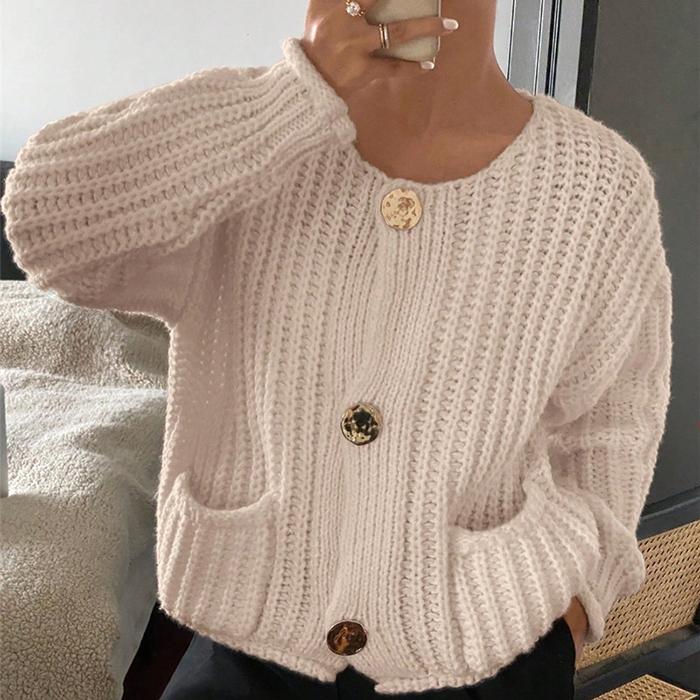 Damen Strickcardigan mit offener Vorderseite, einfarbig, langen Ärmeln, Rundhalsausschnitt und Tasche