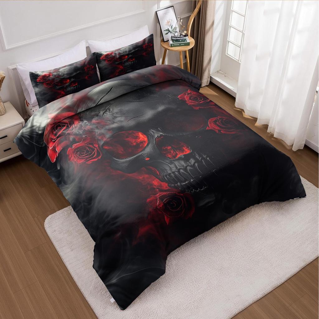 3pcs Duvet Cover Set Without Core 1 Quilt Cover + 2 Pillowcases Soft and Machine Washable Skull Design Bedding Set for Bedroom,